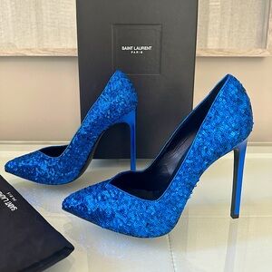 YSL Brand New Blue Sequin Paris Heels